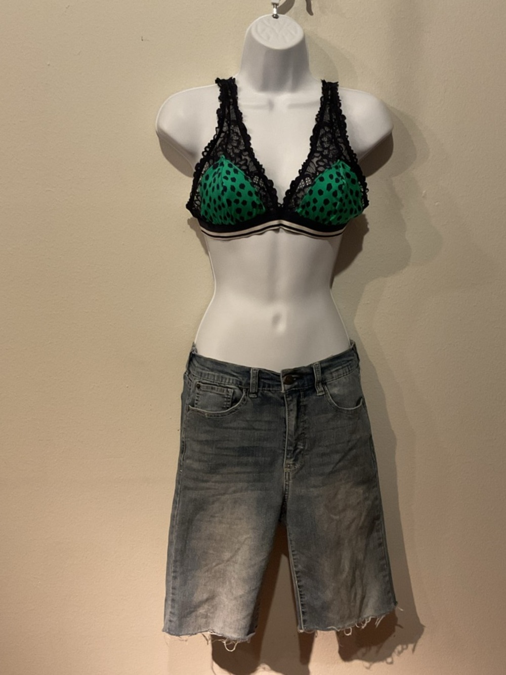 Aerie Green Lace Triangle Bralette | Med Leopard Print Mesh Soft Cup | Swim Top - Picture 3 of 11